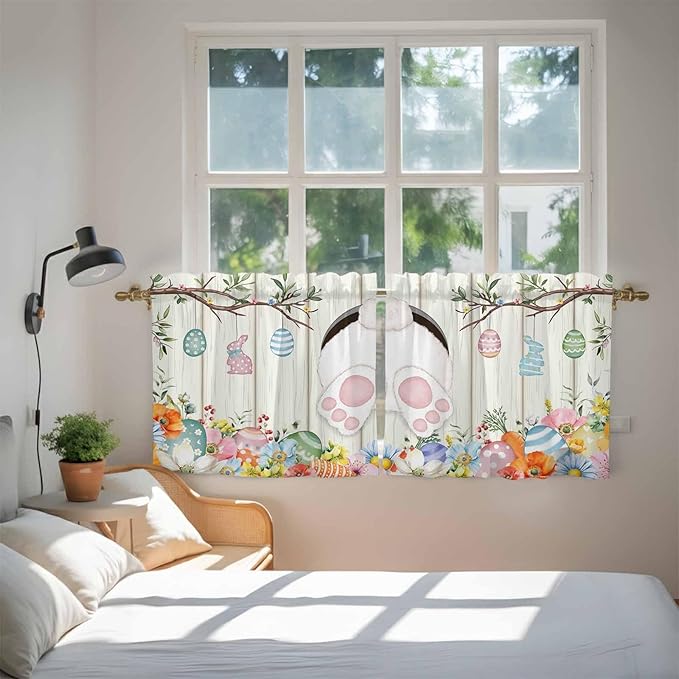 Easter Kitchen Tier Curtains 36 Inch Long 2 Panel Set,Rod Pocket Half Window Curtains Over Sink,Spring Farmhouse Watercolor Bunny Eggs Wood Grain Light Filtering Short Drapes Cafe 27.5"W x 36"L