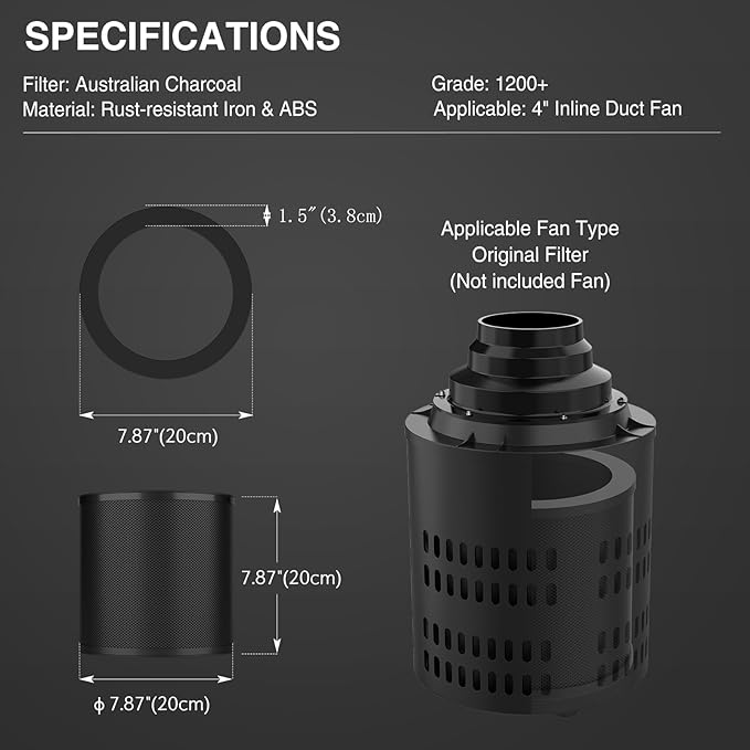 6 Inch Replacement Air Carbon Filter, 38mm Smellines Control Filtration with Australia Virgin Charcoal for Grow Tent, Inline Duct Fan, Hydroponics, Odor Scrubber, Greenhouse, Breeding Farm