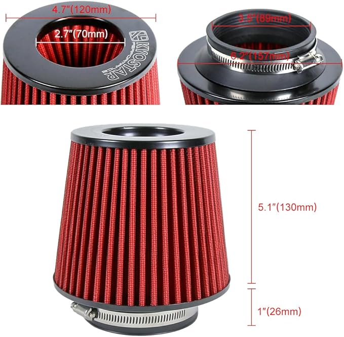 KYOSTAR Universal 3.5" (89mm) High-Flow Air Filter, Reusable Cone Cold Air Intake, High Performance, Washable, Clamp-On Car High Flow Air Kit, Flange Diameter: 3.5 Inch, Filter Height: 6.1 Inch, Red