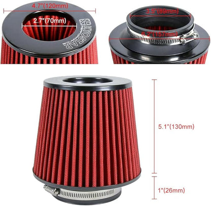 KYOSTAR Universal 3.5" (89mm) High-Flow Air Filter, Reusable Cone Cold Air Intake, High Performance, Washable, Clamp-On Car High Flow Air Kit, Flange Diameter: 3.5 Inch, Filter Height: 6.1 Inch, Red