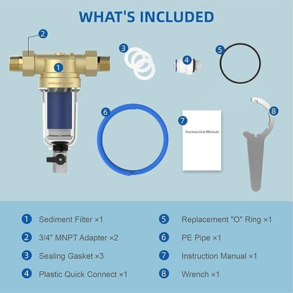90 Micron Disc Spin Down Sediment Filter, Reusable ＆ Anti-Clog Whole House Water Filter, Pre-Filtration System for City/Well Water, 3/4" MNPT, BPA Free