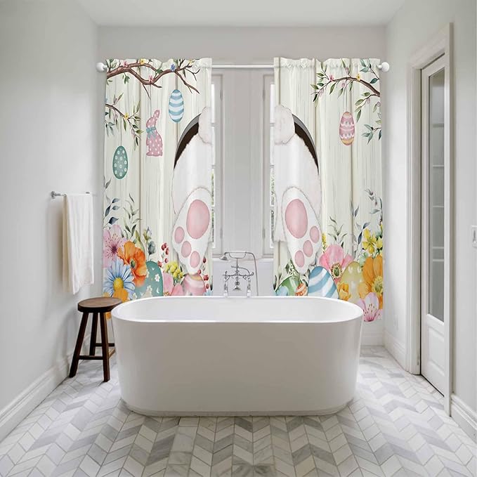Easter Window Curtains 72 Inch Long 2 Panel Set,Rod Pocket Long Curtains & Drapes,Spring Farmhouse Watercolor Bunny Eggs Wood Grain Light Filtering Window Treatment for Bedroom Living Room 52"W x 72"L