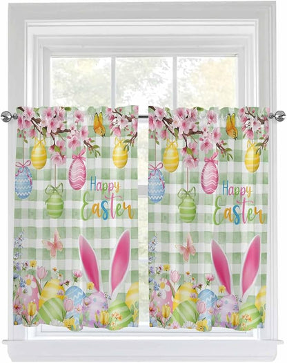 Happy Easter Kitchen Curtains 45 Inches length, Spring Bunny Eggs Flower Sage Green Plaid Window Treatment Curtain Drapes, Lightweight Window Panels for Living Room Bedroom, 52"x45", 2 Panels