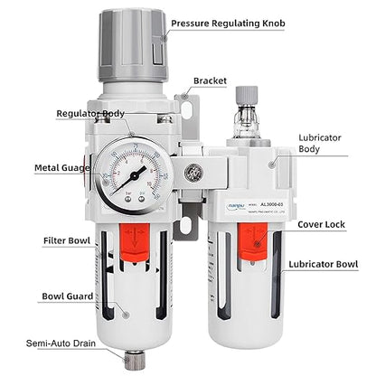 NANPU 3/8" NPT Compressed Air Filter Regulator Lubricator Combo, Water/Oil Trap Separator - Gauge(0-150 psi), Poly Bowl, Semi-Auto Drain, Bracket