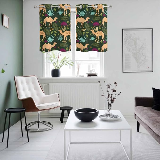 2 Panel Kitchen Cafe Curtains, Retro Desert Camel Sunlight Filtering Nature Air Through, Window Decor Tier Curtains for Living Room 55W x 39L inch Tropical Animal Aloe Vera Leaves Dark Green