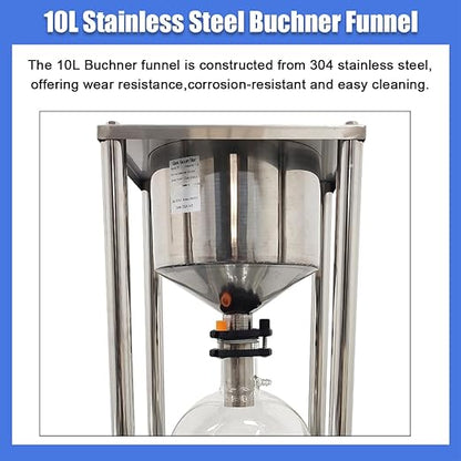10L Vacuum Buchner Funnel Filtering Kit Glass Vacuum Suction Filter with 304 Stainless Steel Buchner Funnel & Glass Filter Flask Negative Pressure Filtration for Lab Liquid-Liquid Extraction