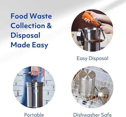 Vatya Stainless Steel Kitchen Compost Bin - NO Filter Countertop Composter, Composting Bucket, Counter Top Small Indoor Food Waste Container with Lid, Odorless Food Scrap Pail, Large 0.8 Gallon
