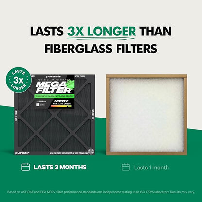 PuroAir MegaFilter - 20x25x1 Air Filter MERV 13 Activated CarbonTech Defense - Heavy Duty 3 Layer Furnace Filters Allergens, Pollen, Dust, Pet Dander, Smoke, Odors - HVAC Air Filter 20x25x1 (1-Pack)