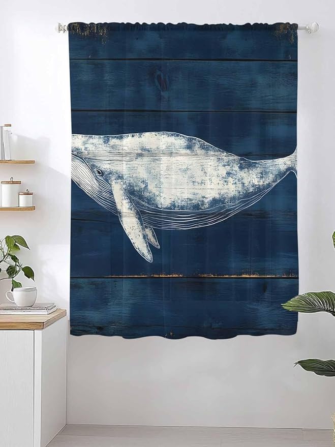 Sheer Curtains 63 Inch Length, Summer Whale Semi Sheer Curtains Light Filtering Window Treatment, Ocean Watercolor Wooden Grain Blue Privacy Voile Drapes for Living Room Bedroom 52x63 Inch