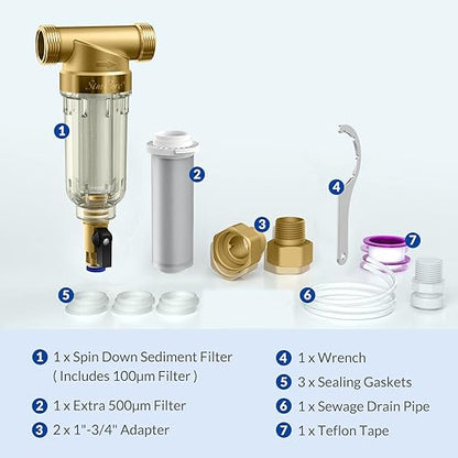 SimPure 100/500 Micron Spin Down Sediment Filter, Reusable Whole House Sediment Water Filter, Pre-Filtration System for City/Well water, 1" MNPT + 3/4" FNPT + 3/4"MNPT, BPA Free