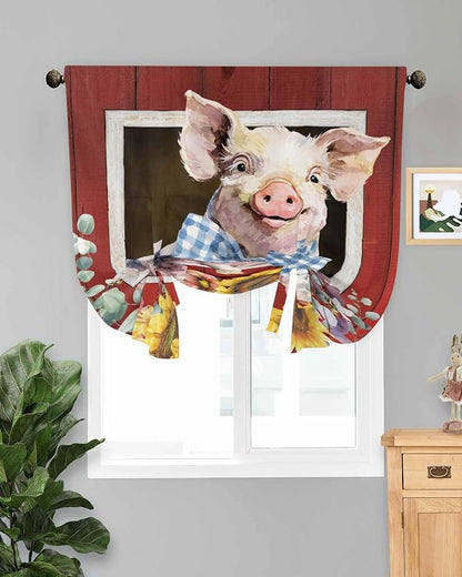 Tie Up Curtains for Windows, Pig Sunflowers Adjustable Balloon Nature Linen Textured Kitchen Curtain, Eucalyptus Leaves Floral Bees Red Barn Decorative Tie Up Curtain for Window, 52" x 45"