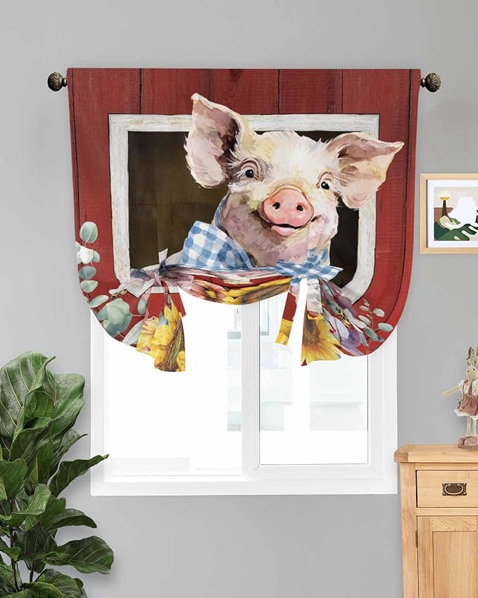 Tie Up Curtains for Windows, Pig Sunflowers Adjustable Balloon Nature Linen Textured Kitchen Curtain, Eucalyptus Leaves Floral Bees Red Barn Privacy Curtains Balloon Blind for Cafe, 42 x 63 Inches