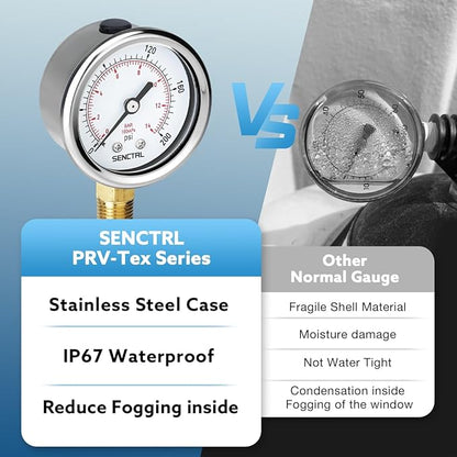 SENCTRL 200 Psi Pressure Gauge, 2" Dial Size, 1/4 NPT Lower Mount, Waterproof, Stainless Steel Case, for Water Filter Pneumatic Regulator Air Compressor Tire Pressure Test