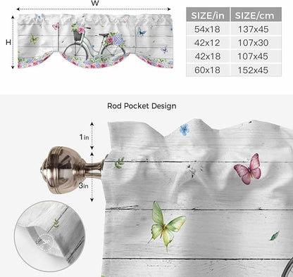 Spring Tie Up Valance Curtains for Windows, Kitchen Curtains Window Shades, Bicycles Botanical Rose Leaves Butterfly Wood Grain Light Filtering Roman Curtain Valances for Bedroom/Bathroom/Cafe 42"x18"