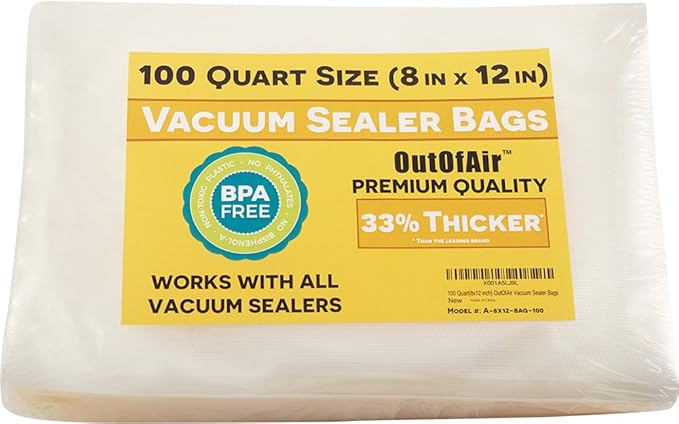 100 Vacuum Sealer Bags: Quart Size (8" x 12") by OutOfAir Works With FoodSaver & Other Machines - 33% Thicker BPA Free, Commercial Grade, 8 x 12 inches