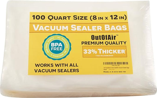 100 Vacuum Sealer Bags: Quart Size (8" x 12") by OutOfAir Works With FoodSaver & Other Machines - 33% Thicker BPA Free, Commercial Grade, 8 x 12 inches