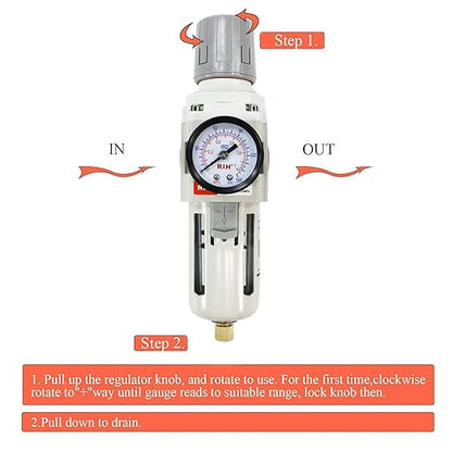 RIH 3/8"NPT Air Filter Pressure Regulator Combo Piggyback, 5 Micron Brass Element, Poly Bowl, Semi-Auto Drain, Metal Bracket, 0-150 psi Gauge Air Tool Compressor Filter with Gauge (3/8"NPT)