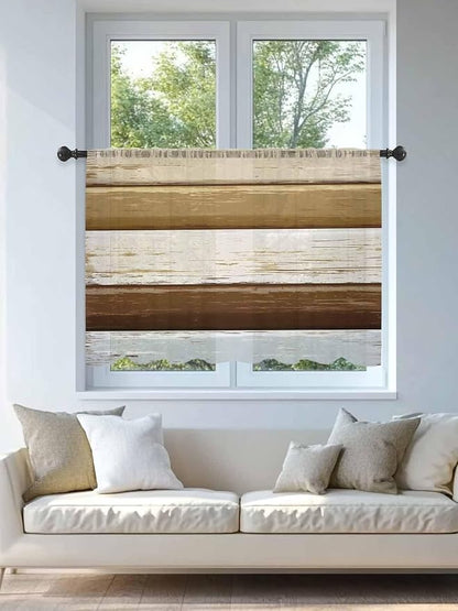 Sheer Curtains 45 Inch Length, Wood Grain Brown Semi Sheer Curtains Light Filtering Window Treatment, Farmhouse Vintage Country Geometric Privacy Voile Drapes for Living Room Bedroom 52x45 Inch