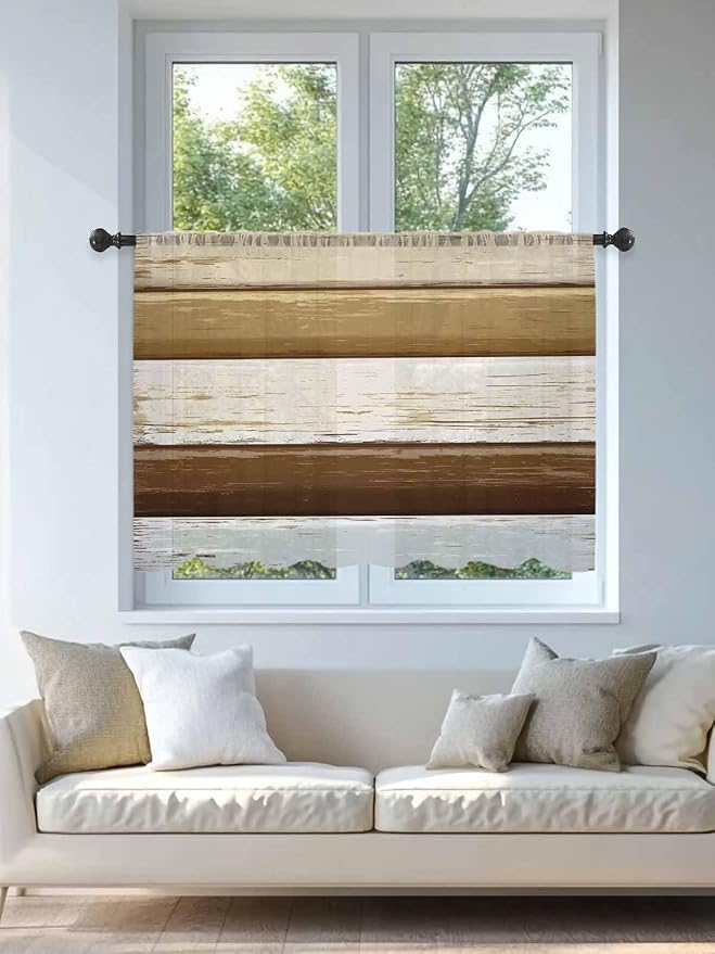Sheer Curtains 54 Inch Length, Wood Grain Brown Semi Sheer Curtains Light Filtering Window Treatment, Farmhouse Vintage Country Geometric Privacy Voile Drapes for Living Room Bedroom 52x54 Inch