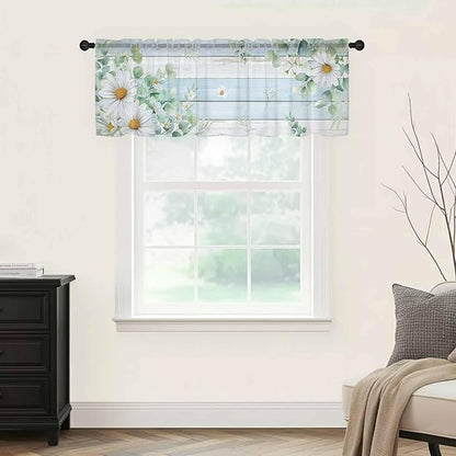 Daisy Eucalyptus Leaves Sheer Valance Curtains, Blue Wood Grain Spring Countryside Light Filtering Kitchen Valances Rod Pocket Voile Curtain Window Treatment for Bedroom/Living Room/Basement 54Wx18L