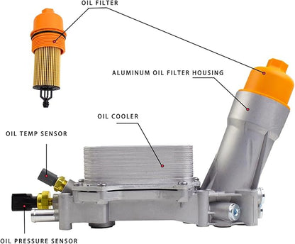 926-959 Aluminum Engine Oil Filter Housing Oil Cooler Kit with Gaskets & Sensors Compatible with 2011-2016 Chrysler Charger Challenger Journey Wrangler Ram Promaster 3.6L (orange)