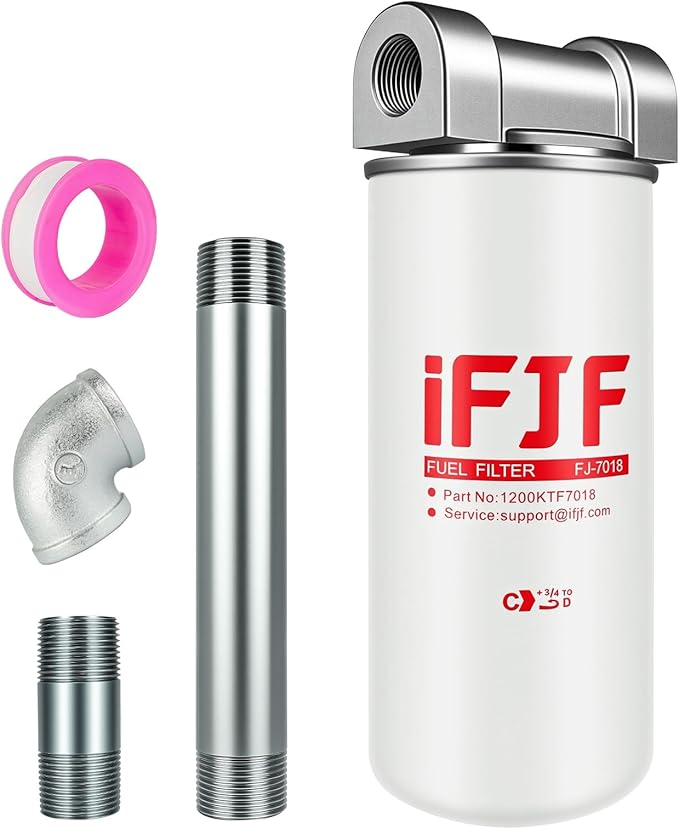 iFJF 1200KTF7018 Fuel Filter Spin-on Particulate Replacement for Transfer Pump FR112 FR1210G FR610G 18 GPM 3/4" with 1200KTG9075 Filter Head and 3/4” ST Elbow and 3/4 x 7” Nipple
