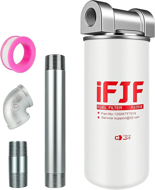 iFJF 1200KTF7018 Fuel Filter Spin-on Particulate Replacement for Transfer Pump FR112 FR1210G FR610G 18 GPM 3/4" with 1200KTG9075 Filter Head and 3/4” ST Elbow and 3/4 x 7” Nipple