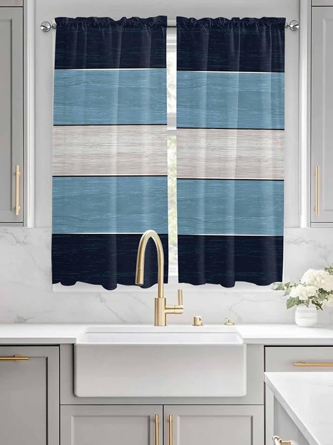 Vintage Country Woodcuts Window Valance Curtains, Blue Gradient Striped Light Filtering Kitchen Valance with 3-inch Rod Pocket for Living Room Bathroom Bedroom,2 Panel,42x63In