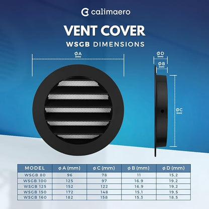 calimaero® WSGB 5" Inch Black Round Metal Air Vent Grill Cover Flat Louver with Fly Screen Fits Only with Metal Ducts