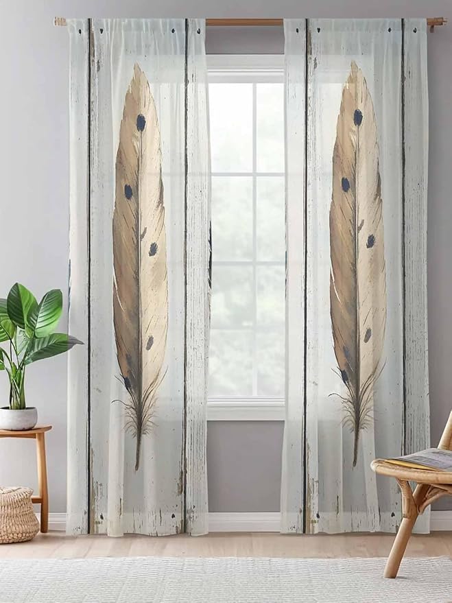 Sheer Curtains 84 Inches Long, Farmhouse Feather Semi Sheer Curtains Light Filtering Window Treatment, Watercolor Vintage Wooden Grain Privacy Voile Drapes for Living Room Bedroom 52x84 Inch