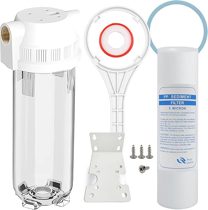 Whole House/RV Water Filter Housing Clear, 10" X 2.5" Inline Sediment Water Filter for RV, Home, Garden, Aquarium, 3/4" NPT Brass Port, R-Type O-Ring, Heavy Duty Bracket, with PP Filter - 1025CBP