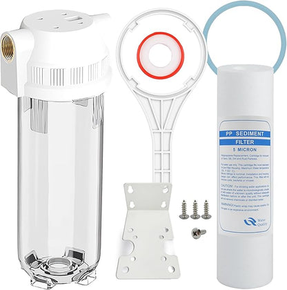 Whole House/RV Water Filter Housing Clear, 10" X 2.5" Inline Sediment Water Filter for RV, Home, Garden, Aquarium, 3/4" NPT Brass Port, R-Type O-Ring, Heavy Duty Bracket, with PP Filter - 1025CBP