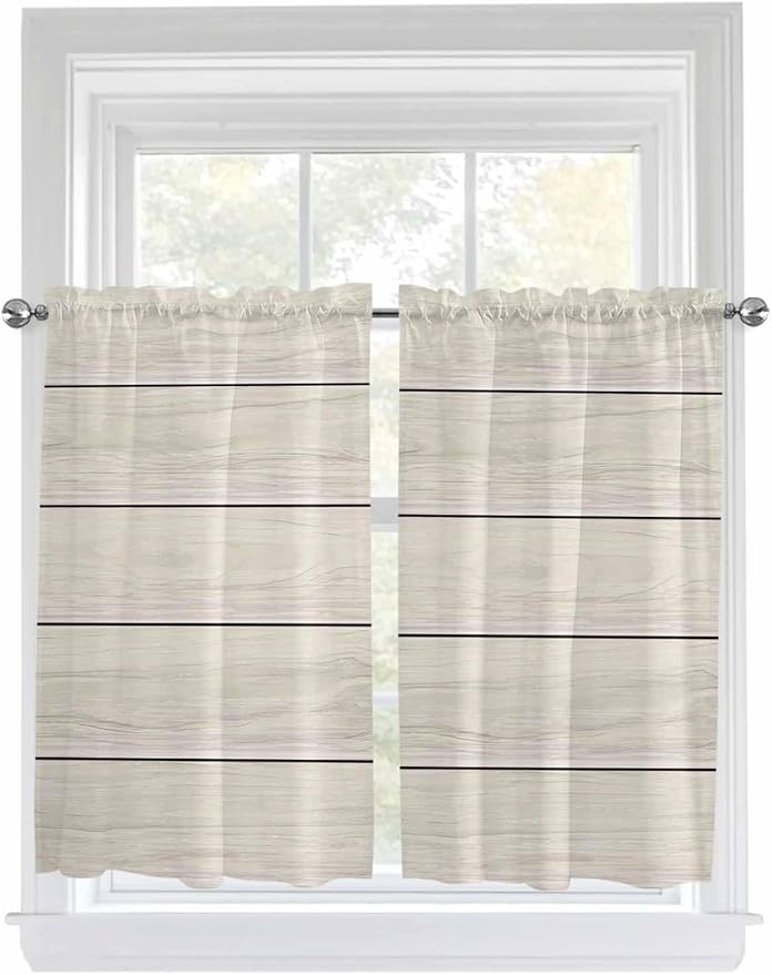 Vintage Country Wooden Board Window Valance Curtains, Gradient Wood Grain Line Light Filtering Kitchen Valance with 3-inch Rod Pocket for Living Room Bathroom Bedroom,2 Panel,42x45In