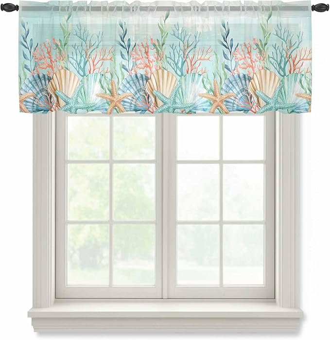Summer Beach Sheer Valance Curtains, Green Ocean Colorful Coral Shell Seaweed Starfish Light Filtering Kitchen Valances Rod Pocket Voile Curtain Treatment for Bedroom/Living Room/Basement 42Wx12L