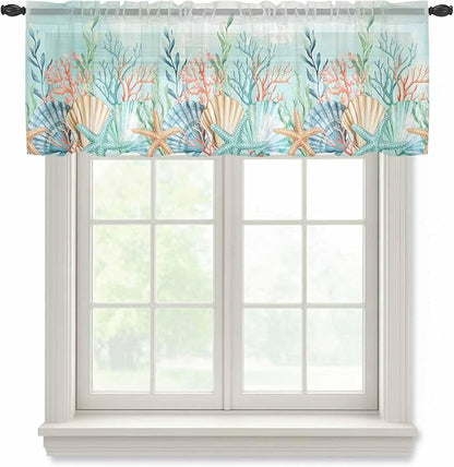 Summer Beach Sheer Valance Curtains, Green Ocean Colorful Coral Shell Seaweed Starfish Light Filtering Kitchen Valances Rod Pocket Voile Curtain Treatment for Bedroom/Living Room/Basement 42Wx12L