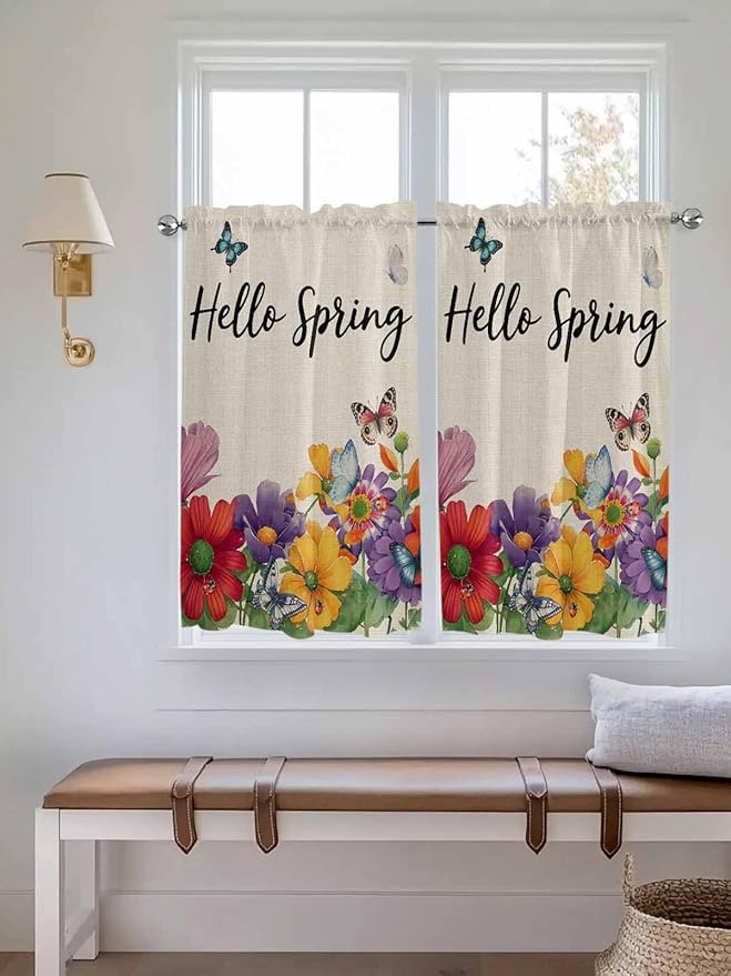 Spring Flowers Kitchen Curtains 54 Inches Length, Farmhouse Vintage Country Colorful Floral Window Treatment Curtain Drapes, Decorative Window Curtains for Bedroom Cafe, 52"x54", 2 Panels