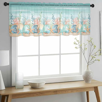 Summer Beach Sheer Valance Curtains, Green Ocean Colorful Coral Shell Seaweed Starfish Sandy Light Filtering Kitchen Valances Rod Pocket Voile Curtain for Bedroom/Living Room/Basement 42Wx18L
