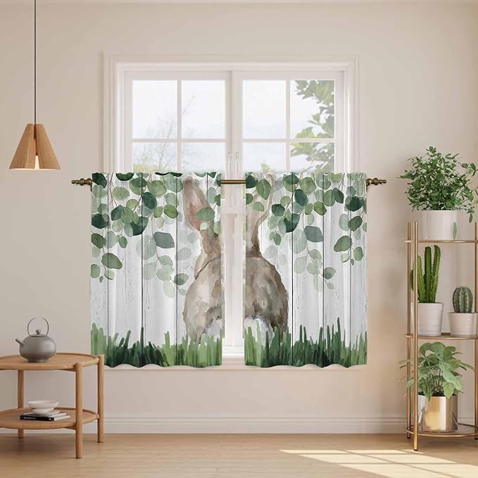 Easter Kitchen Curtains, Country Rabbit Botanical Leaves Wooden Grain Light Filtering Window Curtain Panels, 2Pcs Rod Pocket Window Treatments Set for Study Room Bathroom Bedroom 52x54 Inches