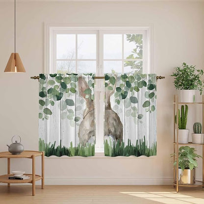 Easter Kitchen Curtains, Country Rabbit Botanical Leaves Wooden Grain Light Filtering Window Curtain Panels, 2Pcs Rod Pocket Window Treatments Set for Study Room Bathroom Bedroom 52x54 Inches