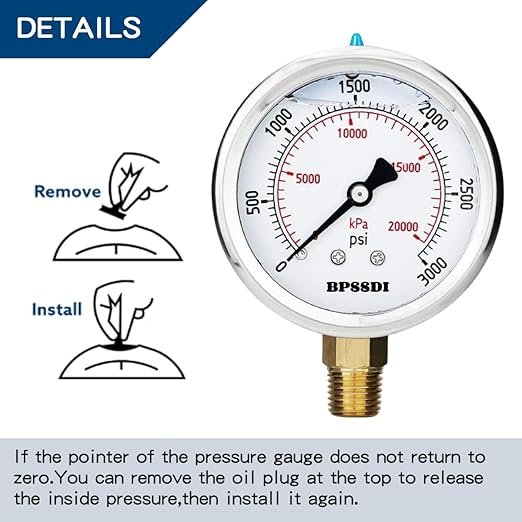 0-3000 Psi Glycerin Liquid Filled Hydraulic High Pressure Gauge, 2.5" Dial Size, 1/4" NPT Lower Mount, 304 Stainless Steel Case, for Water Oil Air Gas Pressure Test