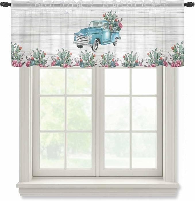 Farmhouse Sheer Valance Curtains, Summer Blue Car with Cactus Succulents Wood Grain Light Filtering Kitchen Valances Rod Pocket Voile Curtain Window Treatment for Bedroom/Living Room/Basement 42Wx18L