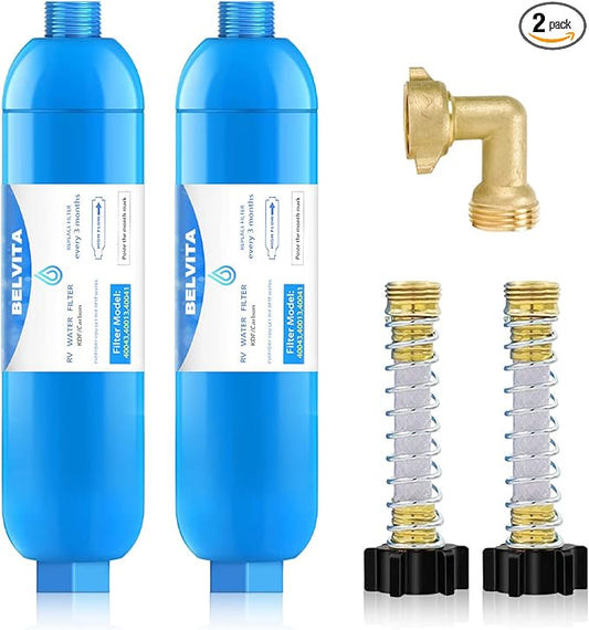BELVITA RV Inline Water Filter with Solid Brass 90 Degree Hose Elbow, Eliminates Stress and Strain On RV Water Intake Hose Fittings(2 Pack)
