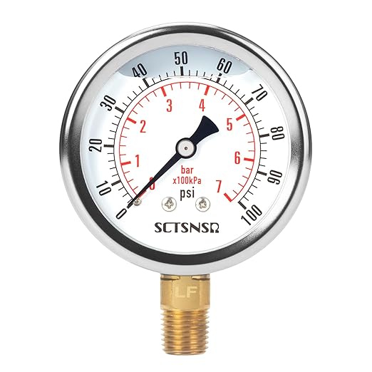 2-1/2" Dial Size, 0-100 Psi Lead-Free Pressure Gauge, Glycerin Liquid Filled, 1/4" NPT Lower Mount, Stainless Steel Case, for Water Pump, Pneumatic Air, Well Tank, RV Hose, Gas, Pressure Test