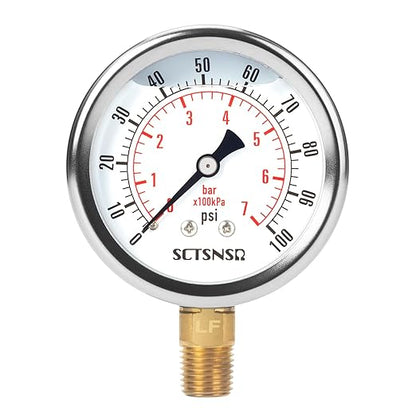 2-1/2" Dial Size, 0-100 Psi Lead-Free Pressure Gauge, Glycerin Liquid Filled, 1/4" NPT Lower Mount, Stainless Steel Case, for Water Pump, Pneumatic Air, Well Tank, RV Hose, Gas, Pressure Test