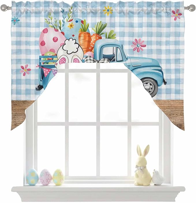 Swag Valance Curtains, Easter Truck with Rabbit Eggs Carrot Rod Pocket Valances Swag Topper for Kitchen Windows, Wood Barn and Blue Checker Light Filtering Short Curtain for Bedroom Bathroom 56x36In