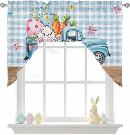 Swag Valance Curtains, Easter Truck with Rabbit Eggs Carrot Rod Pocket Valances Swag Topper for Kitchen Windows, Wood Barn and Blue Checker Light Filtering Short Curtain for Bedroom Bathroom 56x36In