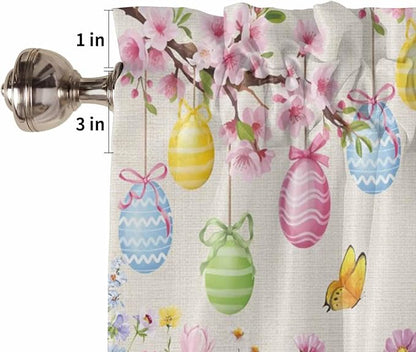 Happy Easter Bedroom Curtains 63 Inches length, Spring Farmhouse Bunny Eggs Flower Beige Window Treatment Curtain Drapes, Rod Pocket Curtain Panels for Living Room Kitchen, 42"x63", 2 Panels