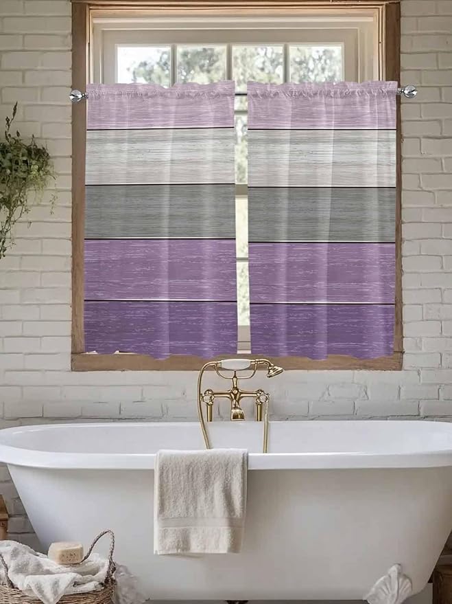 Country Wood Board Gray Purple Window Valance Curtains, Farmhouse Gradient Plank Light Filtering Kitchen Valance with 3-inch Rod Pocket for Living Room Bathroom Bedroom,2 Panel,27.5x45In