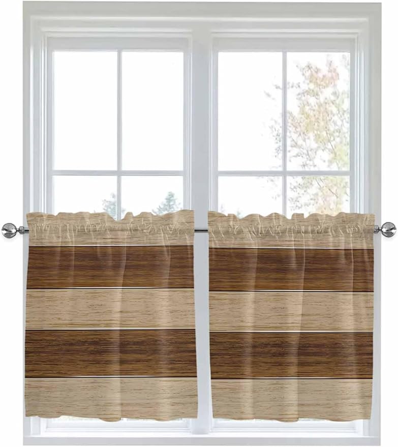 Retro Country Brown Wooden Board Window Valance Curtains, Farmhouse Gradient Plank Light Filtering Kitchen Valance with 3-inch Rod Pocket for Living Room Bathroom Bedroom,2 Panel,27.5x36In