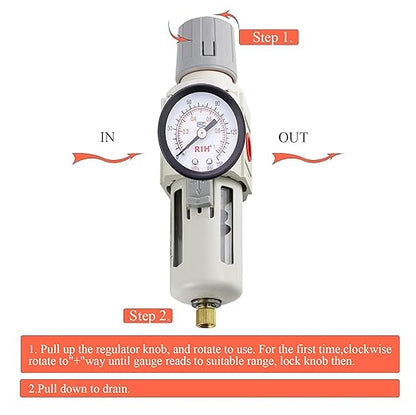 RIH Pneumatics 1/2"NPT Air Filter Pressure Regulator Combo Piggyback, 5 Micron Brass Element, Poly Bowl, Semi-Auto Drain, Metal Bracket, 0-150 psi Gauge Air Tool Compressor Filter with Gauge (1/2"NPT)